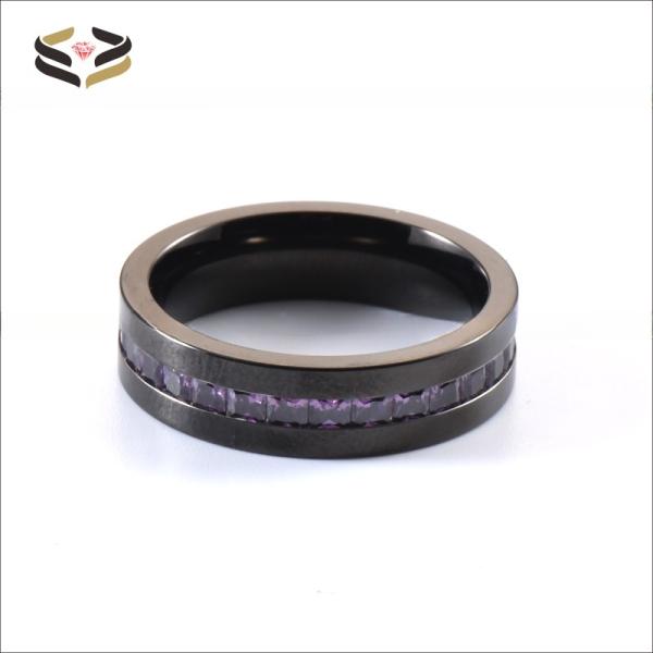 Purple CZ Stone Inlay Wedding Titanium Rings Black Plated Flat Edges Mens 6MM