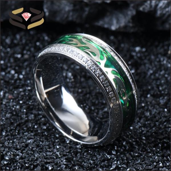 Men Silver Titanium Cubic Zirconia Wedding Band With Silver Clouds And Green Foil Inlay