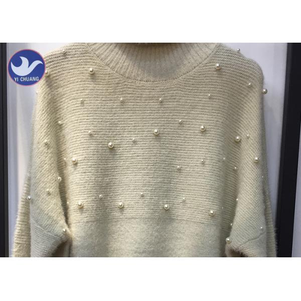 Turtle Neck Pearl Studs Womens Knit Pullover Sweater Long Sleeves High Collar