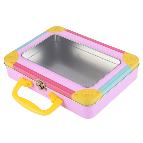 Food Grade Handle Rectangular Tin Box With Window Hinge Lid Metal Candy Tin