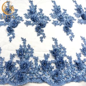 Quality 3D Embroidery Rhinestone Lace Fabric Handmade Blue African Lace Fabric for sale