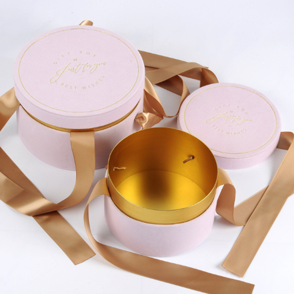 Gold Foil Logo Round Velvet Rose Flower Hat Box Small Mothers Day Gift Box with Ribbon