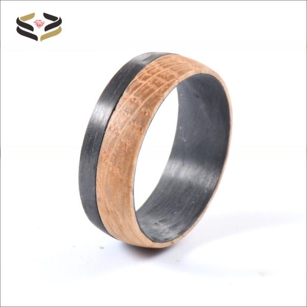 Wedding Dome Black Carbon Fiber Ring Natural Charred Whiskey Barrel Wood Inlayed For Men