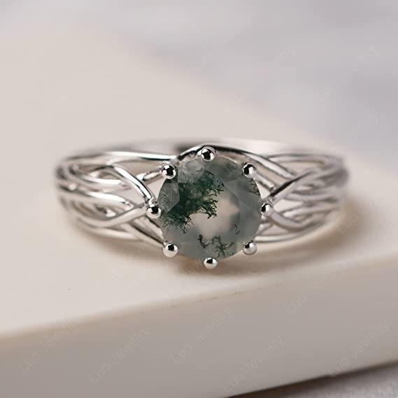 925 Sterling Silver Round Cut 7 MM Moss Agate Ring Personalized Promise Ring Abstract Ring for Women