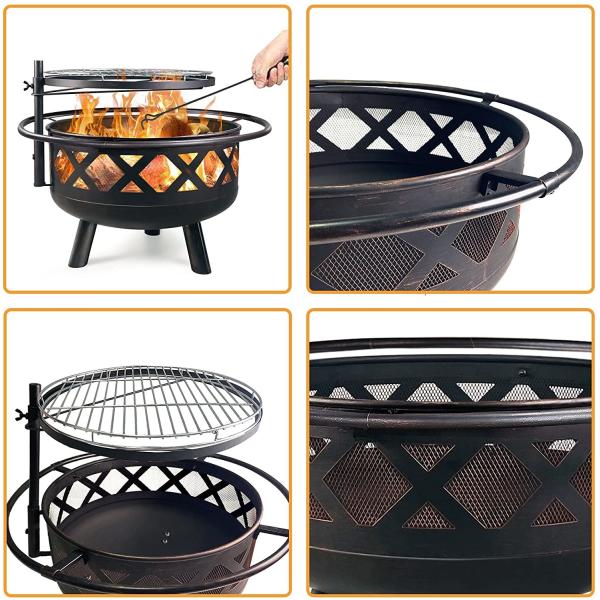 Outdoor 30'' Heavy Duty Barbecue Fire Pit BBQ Grill Firepit Bowl With Spark