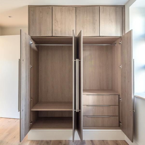 Wood Grain Melamine Swing Door Wardrobe Fitted Mirrored With Stainless Steel Handles