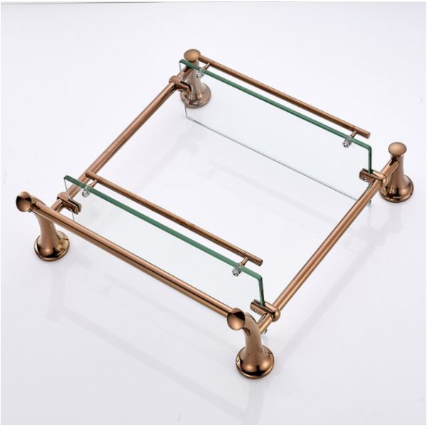 Stainless Steel Glass Shelf 2 Tier Chrome Shelf with Towel Bars Organizer Wall Mount Shower Storage Gold Finish