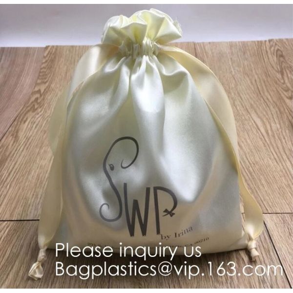 Customized Satin Hair Bag,Small Recyclable Gift Bag,Double Satin Drawstring Bag,Luxury Shinny Cream Satin Pouch With Rib