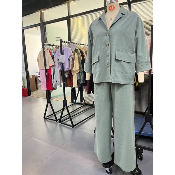 Womens Linen Cotton Green Two Pieces Comfy Long Sleeve Button Tops With Pocket Ladies Long Pants