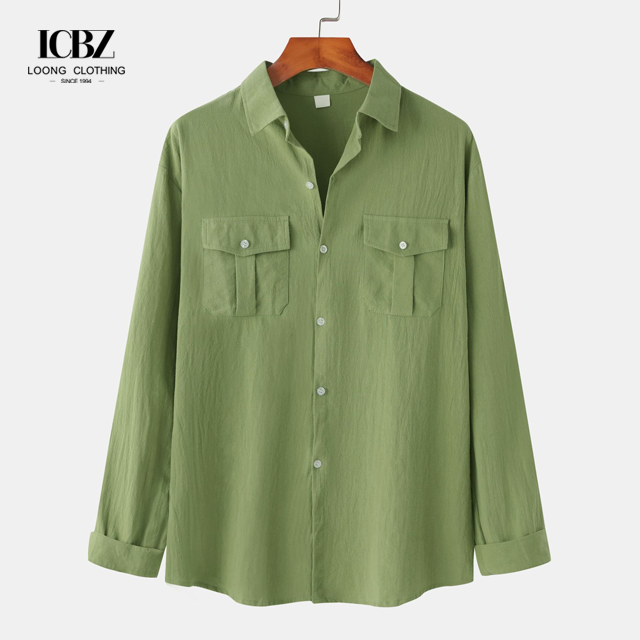 Spring Men's Linen T-Shirt Short Sleeve Solid Color Stand Collar Custom Cotton Shirt