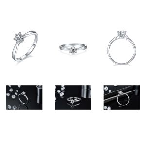 Minimalist Wedding Jewelry 9K Silver Ring Round Cut White Moissanite CZ