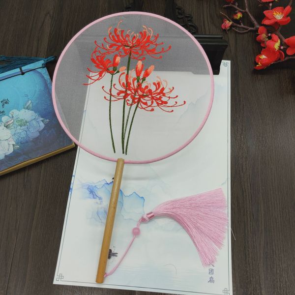 Y-Z Chinese Round Shape Hanfu Fabric Fan Wood Handle with Tassel Hand Embroidered Ancient Silk Fan