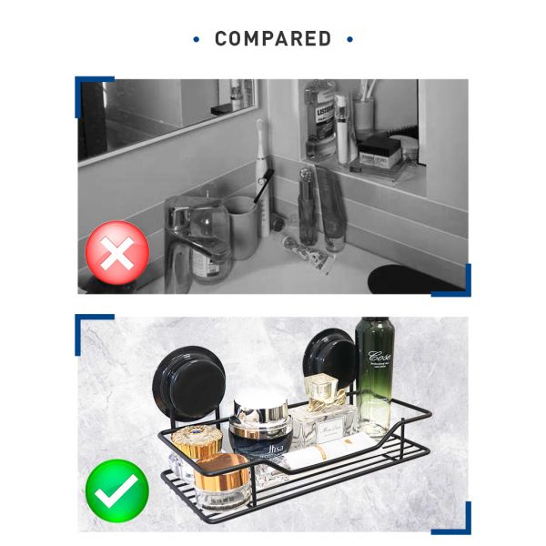 Black WGO Storage Bath Caddy Shelf Suction / Glue Fix Rust Free