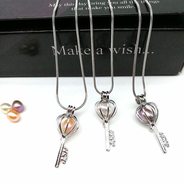 Antique Silver Key Locket Cage Charms Necklaces Pendants with 6-7mm Rice Shape Real Freshwater Pearl