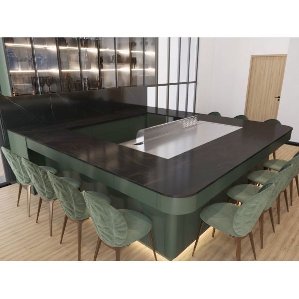 Full-Wall Stainless Steel Wine Cabinet With Storage And Seating In Elegant Black