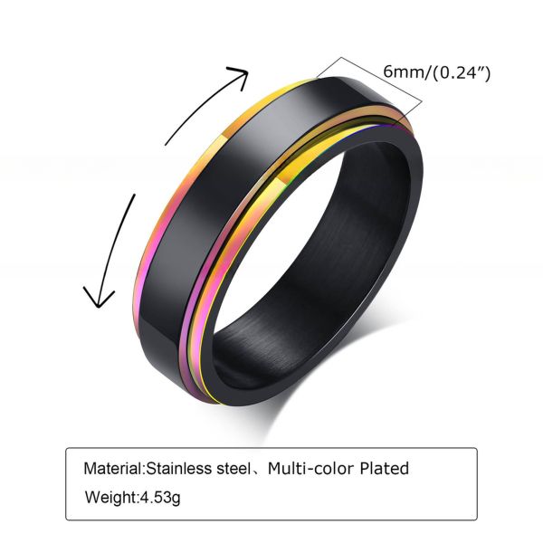 Black Rainbow Stainless Steel Worry Stress Relieve Ring Band Set With Channel Setting
