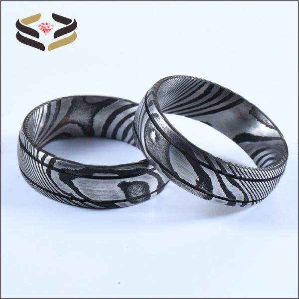 Men Black Damascus Steel Ring 8mm Double Groove for Engagement Wedding
