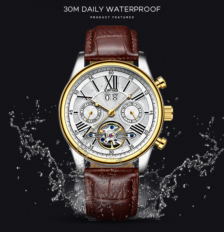 Brand KINYUED fashion mens wind up use hand water resistant tourbillon automatic watch