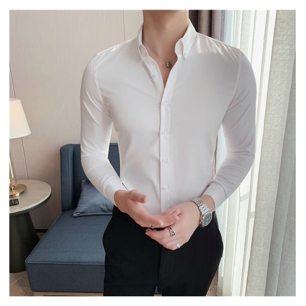 Men's Fashionable Business Casual Shirt Plain Solid Long Sleeve Slim Fit Office Shirts