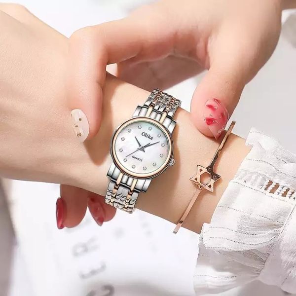 Round Ladies Quartz Watch Bracelet Set Green Dial Simple Rose Gold Mesh Luxury