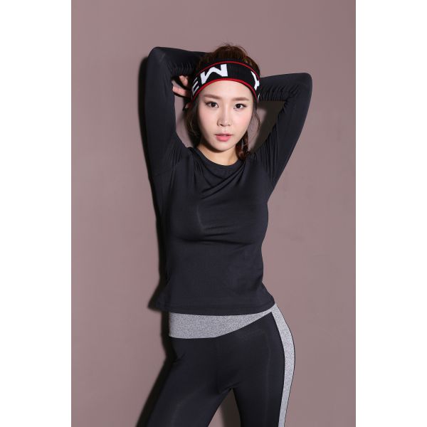 CPG Global Women Pure Black Polyester Sexy Slim Fit Long Sleeves Round Collar Gym Running Sports T-Shirts S-L S42