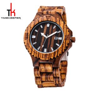 Men's 45mm Waterproof Wood Watch Zebra Case Calendar Movement