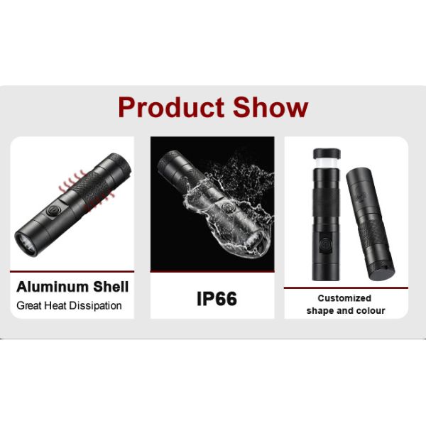 18650 Li Ion Battery USB C Rechargeable Camping Flashlight Dual LEDs IP65 Aluminum