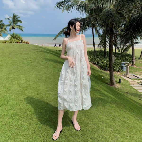 Strap A Line Backless White Midi Beach Holiday Dresses