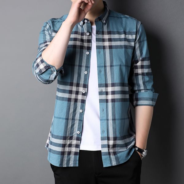 Button Down Collar Casual 100% Cotton Oxford Men's Long Sleeve Plaid Shirt for Autumn