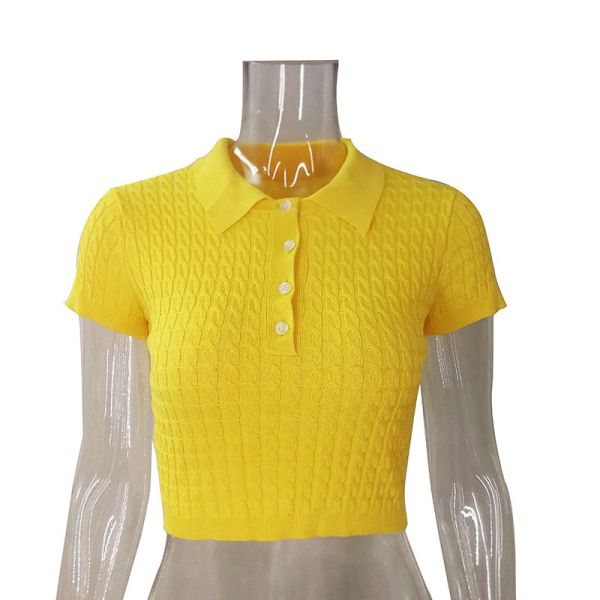 Lapel Single Breasted Womens Cropped Polo Shirt Short Sleeve