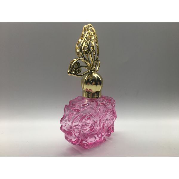 30ml 50ml Glass Perfume Bottle Rose Shape Pink Color With Butterfly Cap