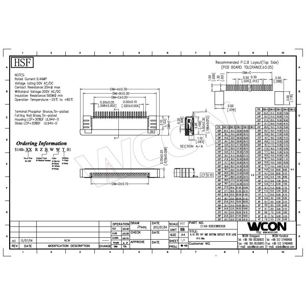 Matte Sn LCP 94V-0 WCON Single Row Pin Header FPC 0.5 Pitch Right Angle SMT UP