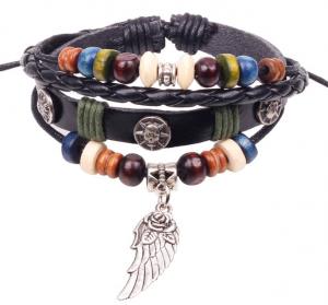 Quality Flower wing charm black leather multi strands bracelets for men and women for sale