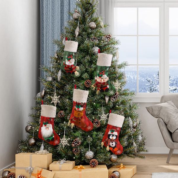 Christmas Stockings Set of 5, Large 18' Xmas Stockings Fireplace Hanging Stockings with Plush Cuff, Santa Snowman Reind