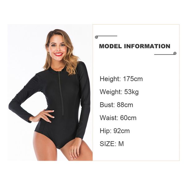 Neoprene Womens Long Sleeve One Piece Swimsuit Nylon Black Zipper Bathing Suit