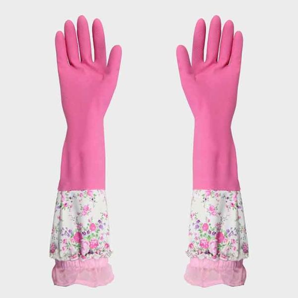 With Beautiful Patterns Pink Extra Long Sleeve Rubber Gloves For Kitchen Cleaning