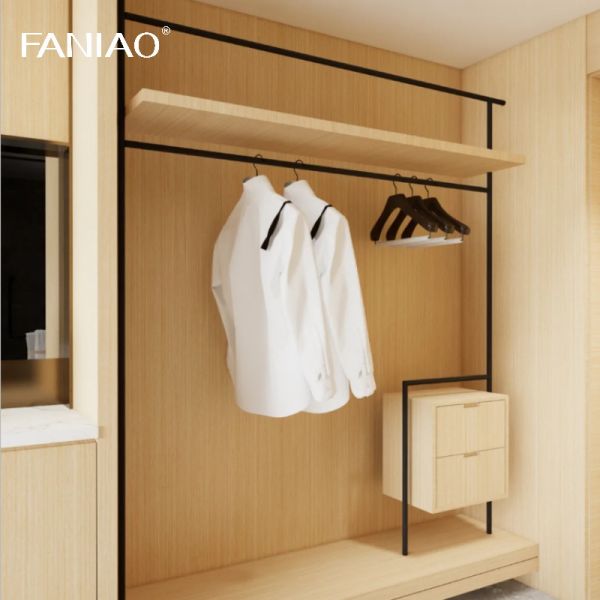 Custom Hotel Room Armoire Open Storage Wardrobe Wooden Closet Design with Mirror