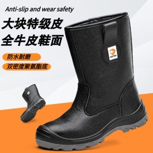 China Double Density PU Sole Safety Shoes Black High Top Genuine Leather Work Boots With Steel Toe on sale