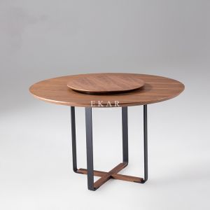 Quality Wooden Walnut Metal Legs Round Dining Table With Rotating Centre for sale