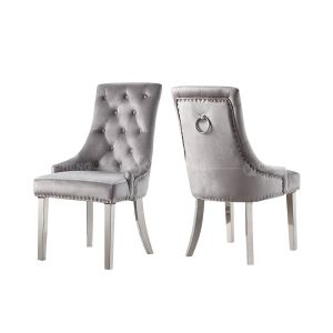 China Velvet Tufted 54x64x100cm Gray Upholstered Dining Chairs Stainless Steel Foot on sale