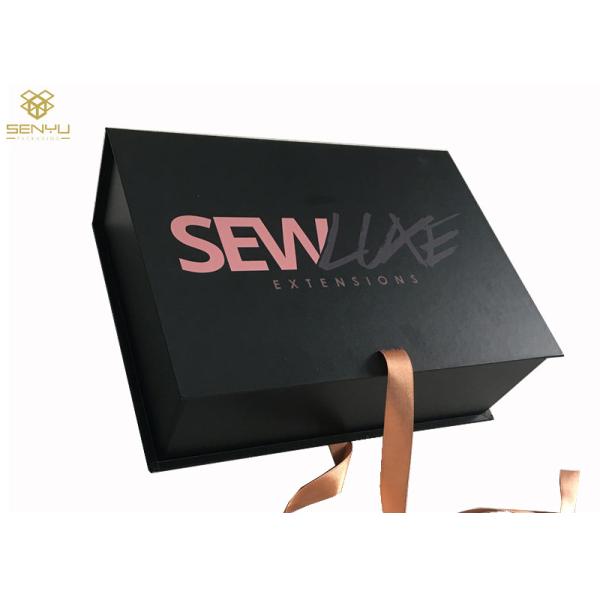 Black Cardboard Gift Box Packaging / Magnetic Folding Packaging Boxes For Hair Extension