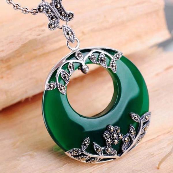 Thai Silver Green Agate Pendant Necklace Marcasite Retro Jewelry(N11061GREEN)