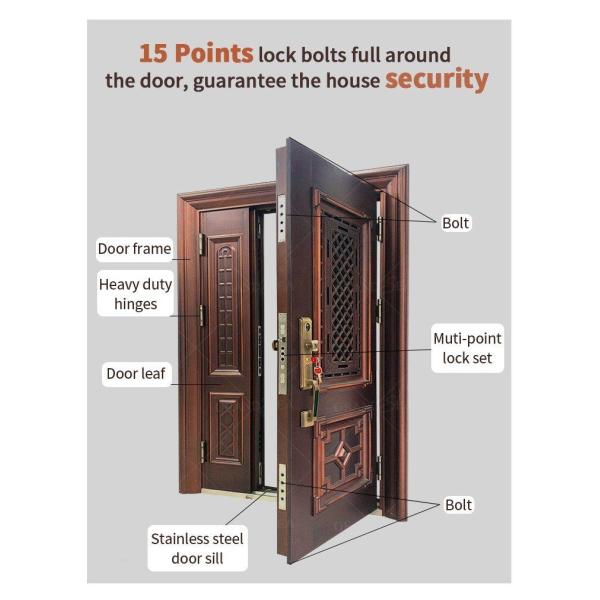 Guatemala Carved Design Cast Aluminum Low Price High Quality Main Front Security Steel Door for Commercial Buildings