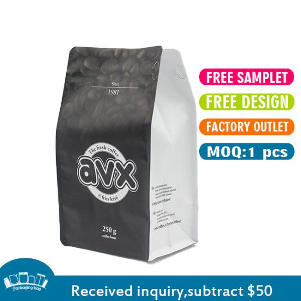 Black Coffee Bags Custom Aluminum Foil Flat Bottom Pouch Bag For Coffee Packaging Zipper