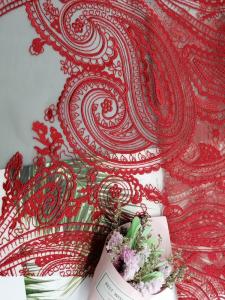 China Red Tulle Mesh Bridal Dress Embroidery Paisley Lace Fabric on sale