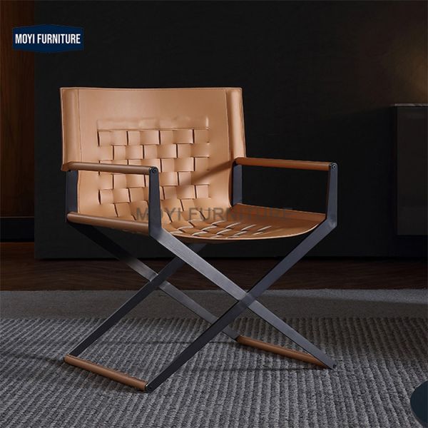 CUSTOM Modern Nordic Design Minimalist Stainless Steel Leisure Arm Chair Brown Saddle Leather Home Dining Chair Seating