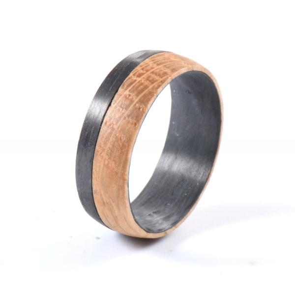 Wedding Dome Black Carbon Fiber Ring Natural Charred Whiskey Barrel Wood Inlayed For Men