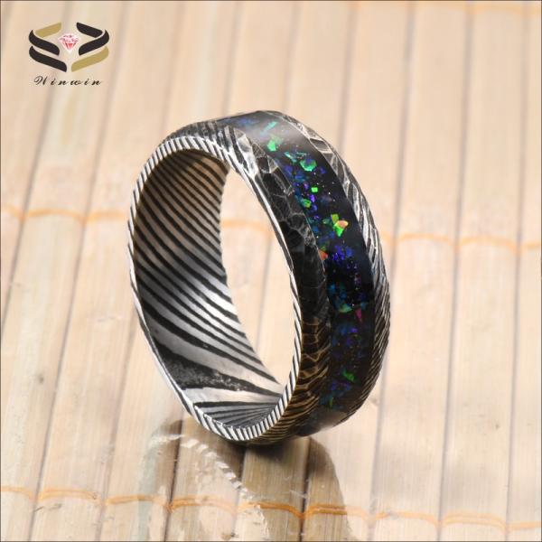 8mm Damascus Steel Wedding Band Ring Galaxy Opal Inlayed For Men