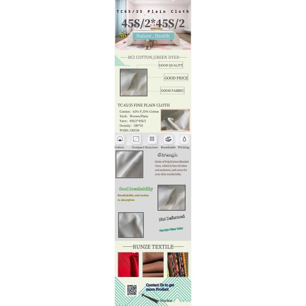 TC Fabric Double 45S Polyester Cotton Blended Yarn Plain Shirting Fine Canvas Cloth
