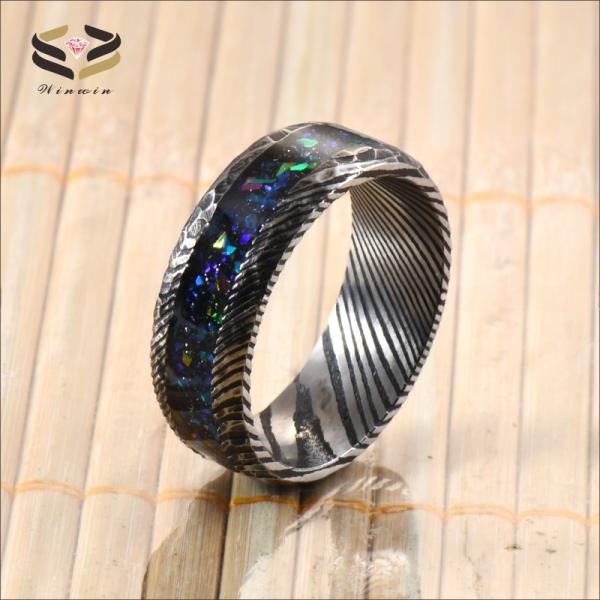 8mm Damascus Steel Wedding Band Ring Galaxy Opal Inlayed For Men